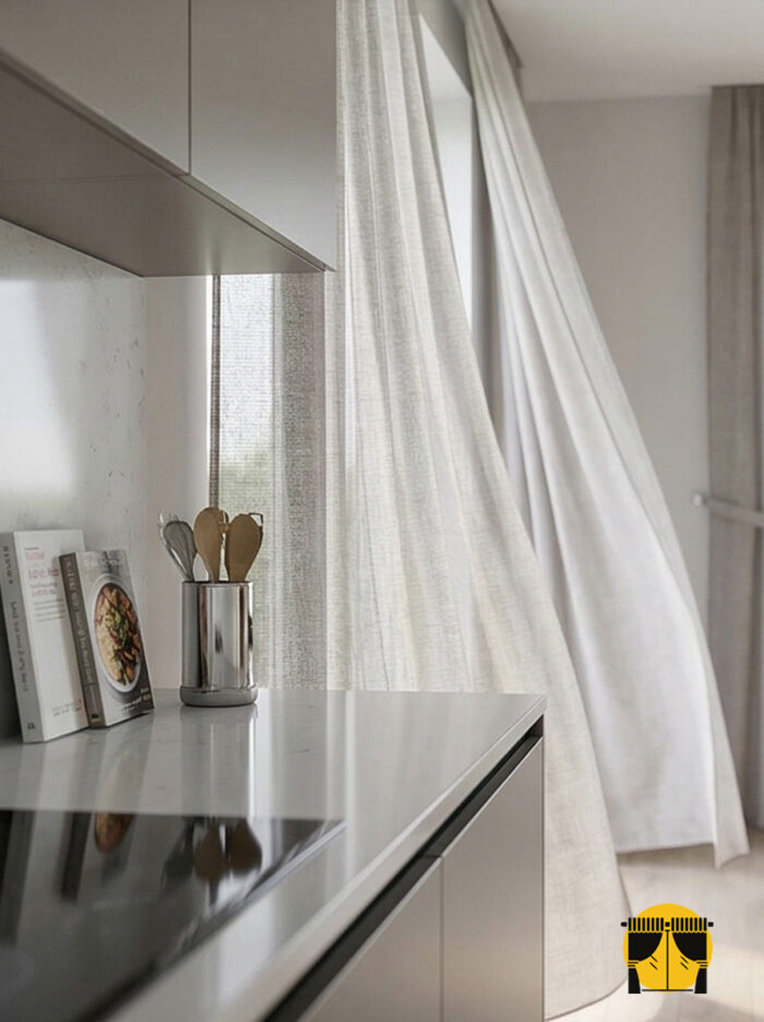 "Colle gri düz mutfak tül perdesinin kalın örme dokusu arasından süzülen güneş ışığının, mutfakta yarattığı modern ve karizmatik aydınlık."