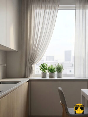 "Özel örme teknolojisiyle üretilmiş gri tonundaki kalın dokulu mutfak tül perdesi yüzeyini sergileyen yakın plan çekimi."