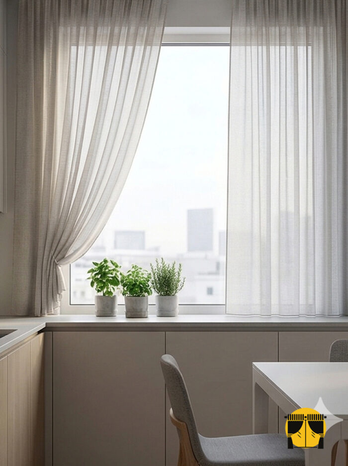 "Siyah ankastre setler önünde modern bir kontrast oluşturan, dökümlü yapısı ve sis gri tonuyla mutfağa karakter katan kaliteli tül perde."