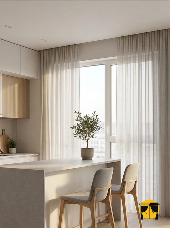 "Leke gizleyen gri rengi ve kırışmaya dayanıklı kalın örme yapısıyla mutfaklar için ideal, ütü gerektirmeyen premium gri tül perde detayı."