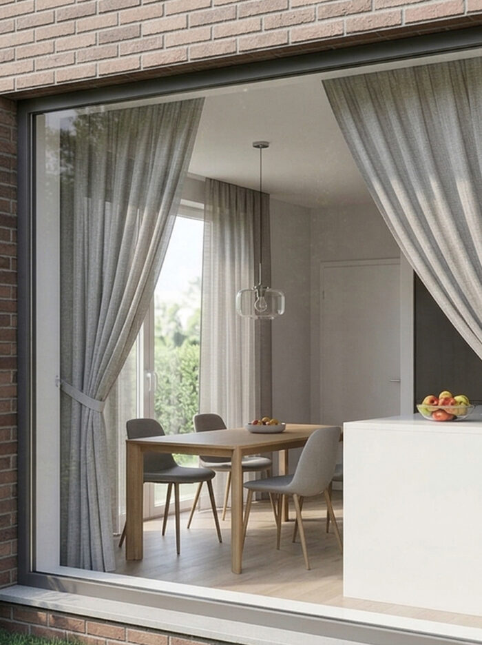 "Modern minimalist mutfak dekorasyon anlayışına uygun, sararma yapmayan ve ağır bir döküme sahip kaliteli Colle gri tül perde arka planı."