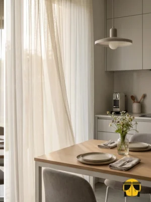 "Beyaz mutfak dolapları ve ahşap tezgahla dekore edilmiş modern bir mutfakta, pencerelere sıcaklık ve derinlik katan bej tül perde tasarımı."