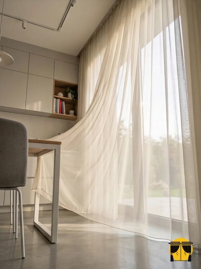 "Gri ankastre setler önünde yumuşak bir kontrast oluşturan, dökümlü yapısı ve bej tonuyla mutfağa 'Modern Farmhouse' şıklığı katan kaliteli tül perde sergisi."