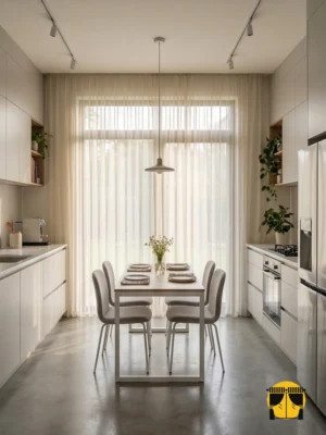 Mutfak Tül Perdesi - Esento Bej Düz Tül Perde 6 "Ağır dökümü sayesinde rüzgarda formunu bozmayan, ütü gerektirmeyen ve mutfak buharına dayanıklı kaliteli bej tül perde detayı."