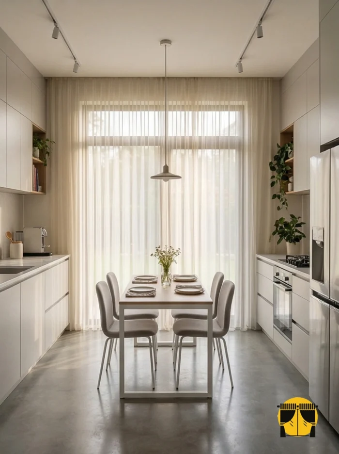 "Ağır dökümü sayesinde rüzgarda formunu bozmayan, ütü gerektirmeyen ve mutfak buharına dayanıklı kaliteli bej tül perde detayı."