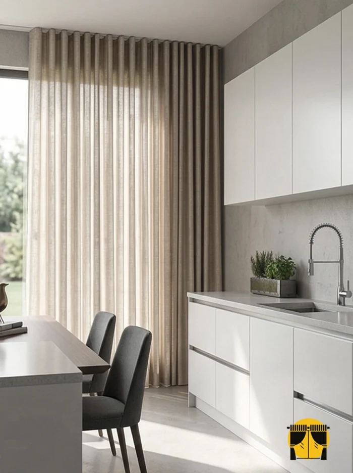 "Antrasit ankastre setler önünde yumuşak bir kontrast oluşturan, dökümlü yapısı ve ışıltılı dokusuyla mutfağa karakter katan kaliteli bej tül sergisi."