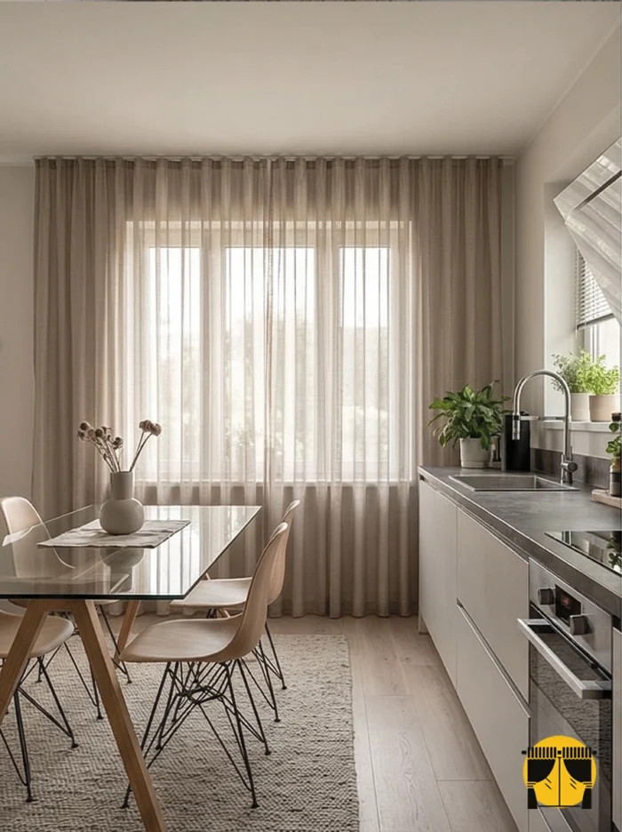 "Gold detaylı beyaz mutfak dolapları ve mermer tezgahla dekore edilmiş modern bir mutfakta, pencerelere derinlik katan parlak bej tül tasarımı."