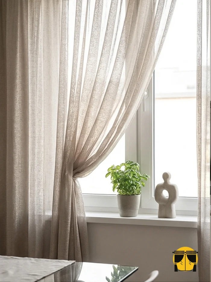 "Karmaşık mikro dokuma (grift) teknolojisiyle üretilmiş bal köpüğü tonundaki kalın ve parlak mutfak tül perdesi yakın plan çekimi."