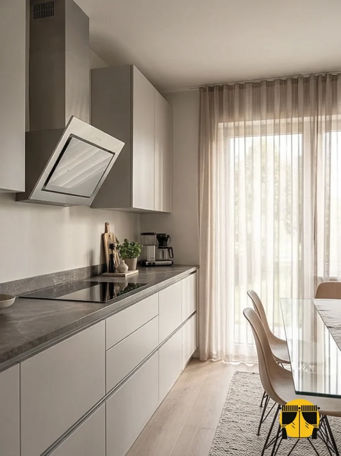 "Grift bal köpüğü bej mutfak tül perdesinin parlak dokusu arasından süzülen güneş ışığının, mutfakta yarattığı sıcak ve lüks aydınlık."