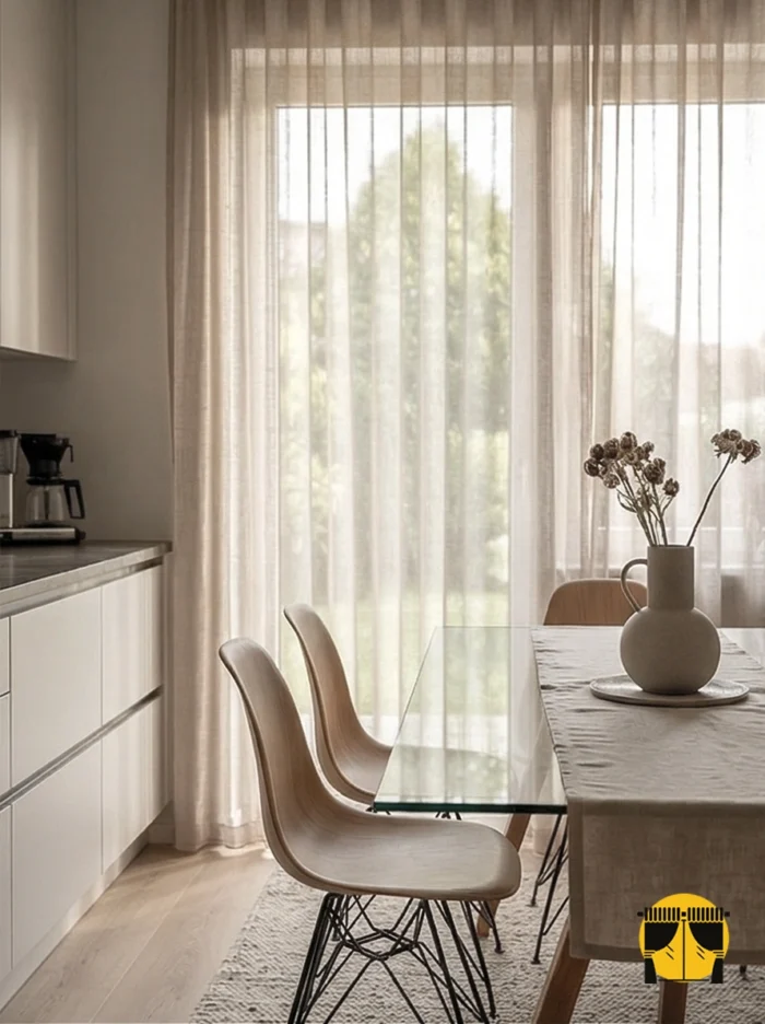 "Grift bal köpüğü bej mutfak tül perdesinin parlak dokusu arasından süzülen güneş ışığının, mutfakta yarattığı sıcak ve lüks aydınlık atmosfer."