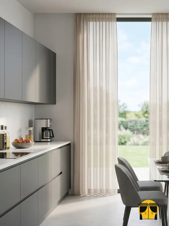 "Gold detaylı beyaz mutfak dolapları ve mermer tezgahla dekore edilmiş modern bir mutfakta, pencerelere derinlik katan parlak bej tül perde tasarımı."