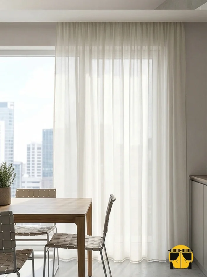 "Nepal koyu krem keten tül perdenin hasır detaylı dokusu arasından süzülen güneş ışığının, mutfakta yarattığı rüstik ve sıcak aydınlık."