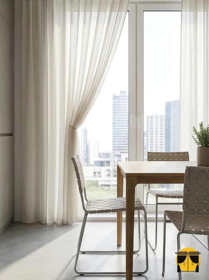 "Doğal keten ve hasır örgü teknolojisiyle üretilmiş koyu krem tonundaki dökümlü mutfak tül perdesi yüzeyini sergileyen yakın plan çekimi."