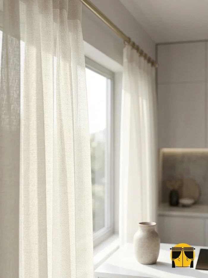 "Ahşap tezgahlı ve beyaz dolaplı modern bir mutfakta, pencerelere doğal bir derinlik ve karakter katan Nepal keten tül tasarımı."