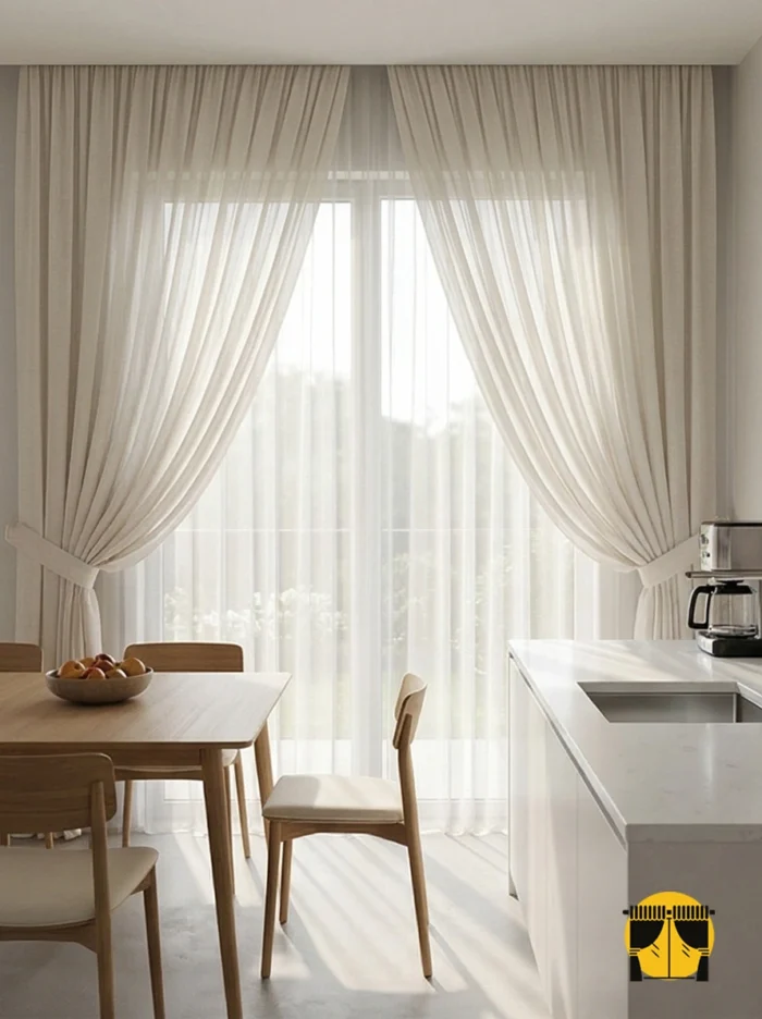 "Hasır aksesuarlarla kombinlenmiş, dökümlü yapısı ve koyu krem tonuyla mutfağa 'Modern Farmhouse' şıklığı katan kaliteli keten tül perde."