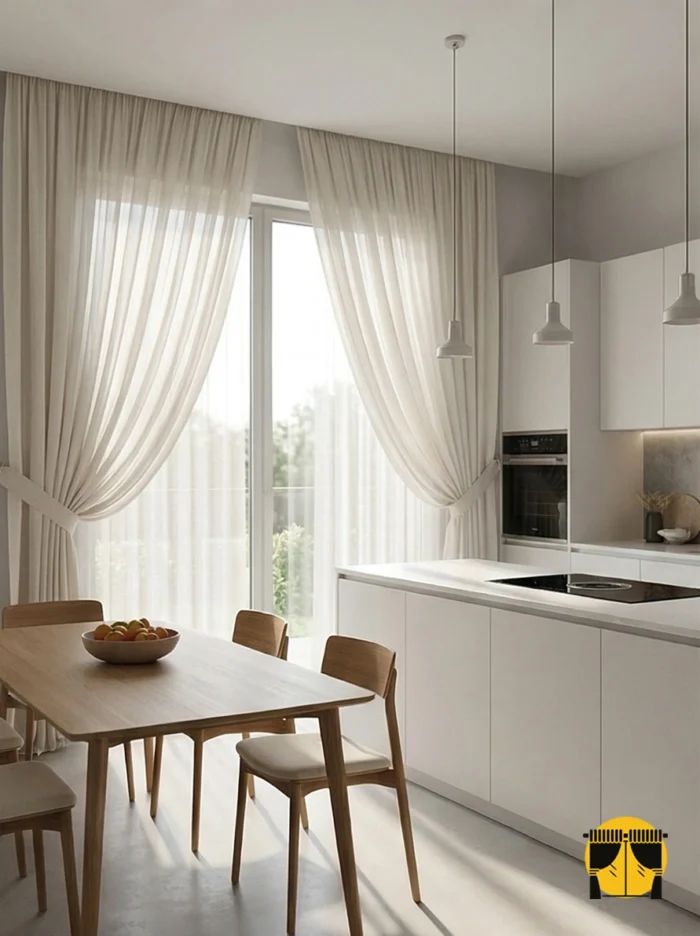 "Leke gizleyen doğal rengi ve kırışmaya dayanıklı hasır dokusuyla mutfaklar için ideal, ütü gerektirmeyen premium Nepal keten tül perde detayı."