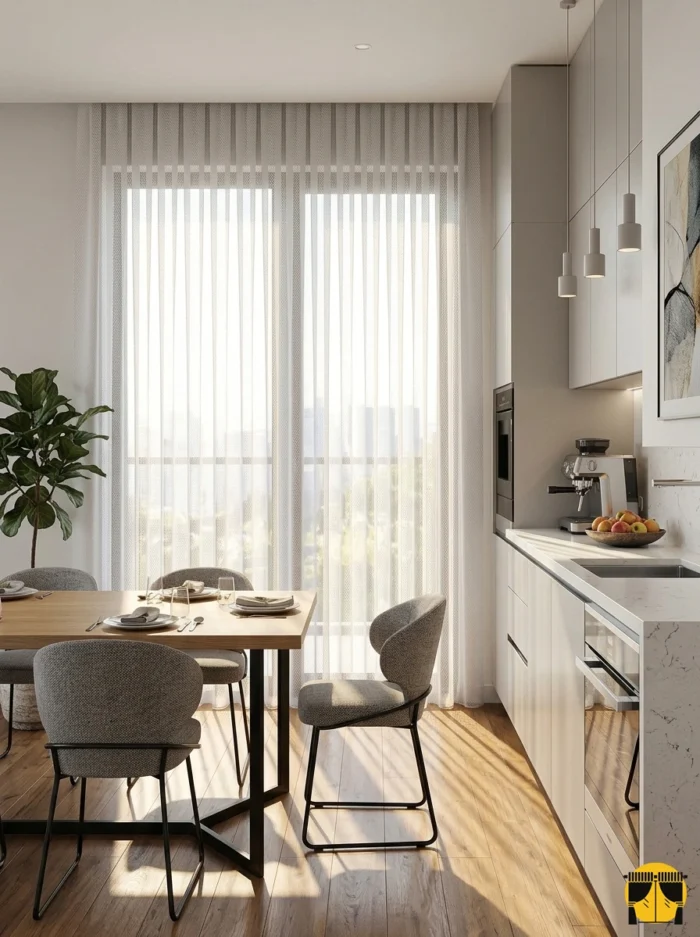 "Noim optik beyaz tül perdenin mutfakta yarattığı kristal netliğinde ferahlık, enerji ve modern aydınlık atmosfer."