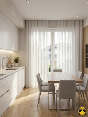 "Özel dokuma teknolojisiyle üretilmiş kar beyazı mutfak tülü kumaşının ince, zarif ve ışığı geçiren dokusunu sergileyen yakın plan."