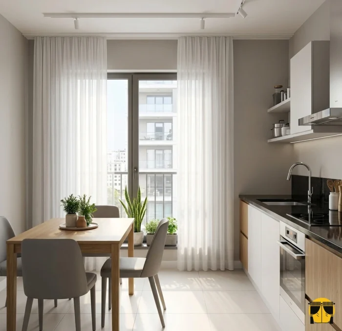 "Modern beyaz mutfak dolapları ile ton-sür-ton bir uyum yakalayan, pencerelere taze bir nefes katan optik beyaz tül perde."