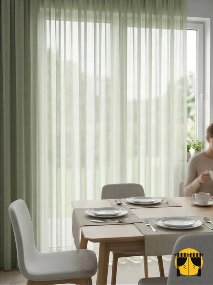 Doku Detayı: "Düz dokuma teknolojisiyle üretilmiş pastel yeşil tonundaki pürüzsüz yüzeyi ve ipeksi lif yapısını sergileyen yakın plan çekimi; mutfaklar için leke gizleyen tül perde."