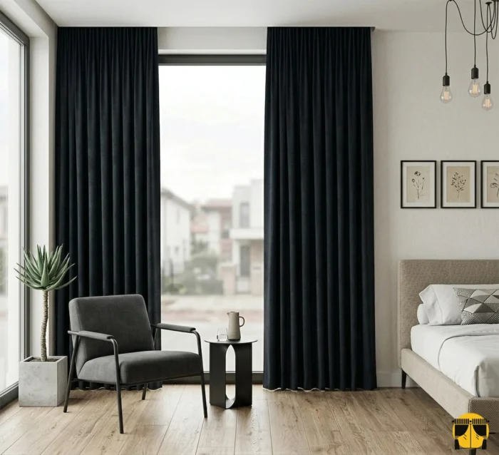 "Ninto siyah düz fon perdenin mat dokusu ve derin tonunun yatak odasında yarattığı sofistike, modern ve maskülen atmosfer."