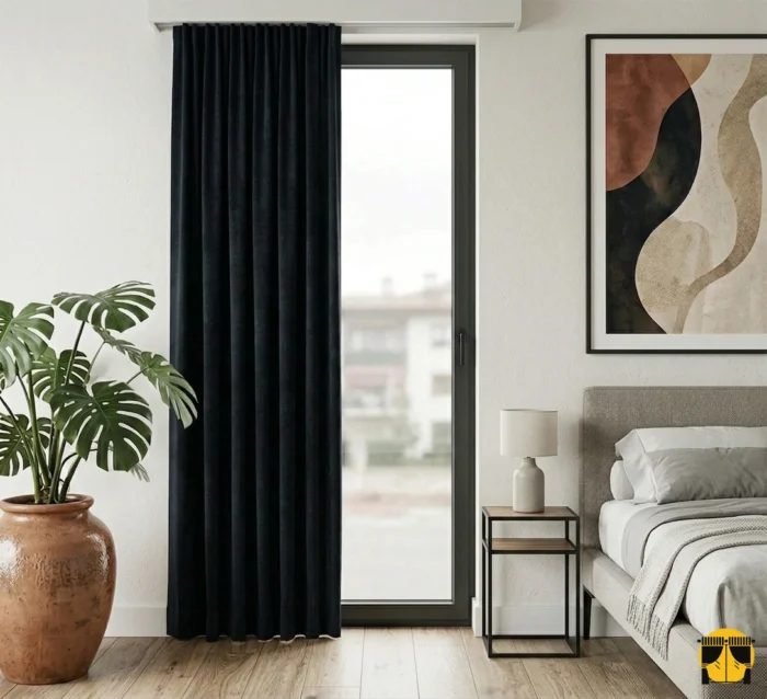 "Özel düz dokuma teknolojisiyle üretilmiş siyah fon perde kumaşının ışığı emen mat yüzeyini ve pürüzsüz yapısını sergileyen yakın plan."