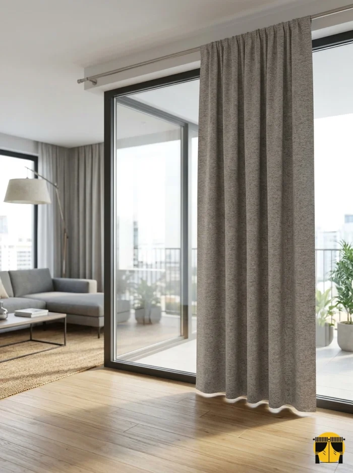 "Modern minimalist dekorasyon anlayışına uygun, gün ışığını yumuşakça süzerek odayı ferah gösteren kaliteli bej kahve perde görseli."