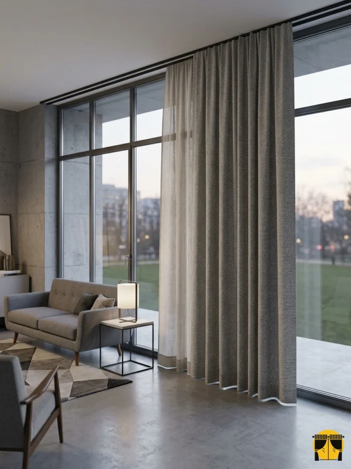 "Geniş balkon pencerelerinde tavandan yere kadar uzanan, odayı daha yüksek ve modern gösteren sık pileli sütlükahve fon perde tasarımı."