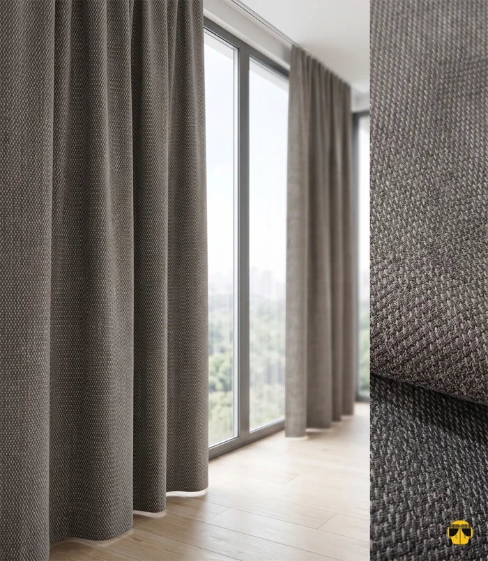 "Santiago kuş gözü desenli kahverengi fon perdenin mikro geometrik dokusu ve derin toprak tonunun, salon dekorasyonuna kattığı asil atmosfer."