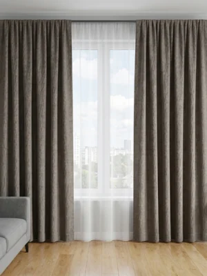 "Kuş gözü (birdseye) dokuma teknolojisiyle üretilmiş kahverengi fon perde kumaşının üç boyutlu desen yapısını sergileyen yakın plan çekimi."