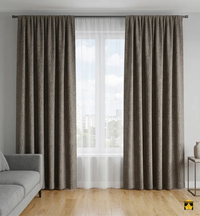 "Kuş gözü (birdseye) dokuma teknolojisiyle üretilmiş kahverengi fon perde kumaşının üç boyutlu desen yapısını sergileyen yakın plan çekimi."