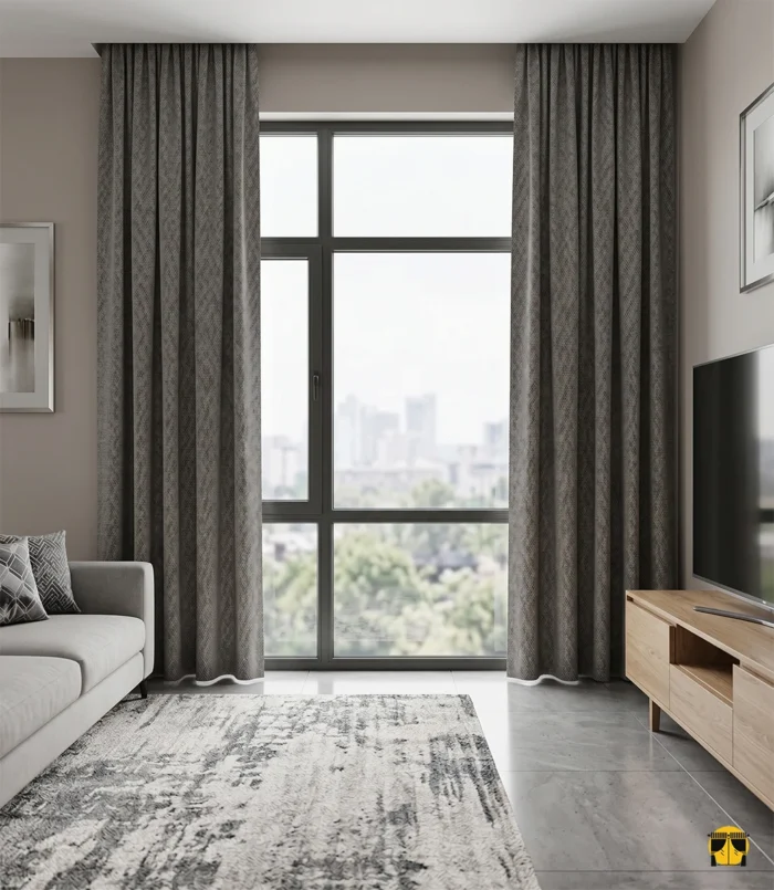 "Taba deri koltuklar ve ahşap kütüphane ile dekore edilmiş maskülen bir odada, pencerelere şıklık katan Santiago kahverengi fon perde tasarımı."