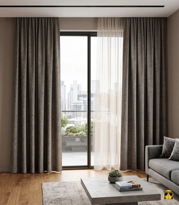 "Ekru keten tüllerle kombinlenmiş, ağır dökümü sayesinde pencerelerde vakur bir duruş sergileyen kuş gözü desenli kahverengi fon perde uygulaması."