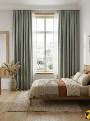 "Lante kum beji jakar fon perdenin yeşil çizgi desenleri ile yatak odasında yarattığı modern, ferah ve doğal atmosfer."