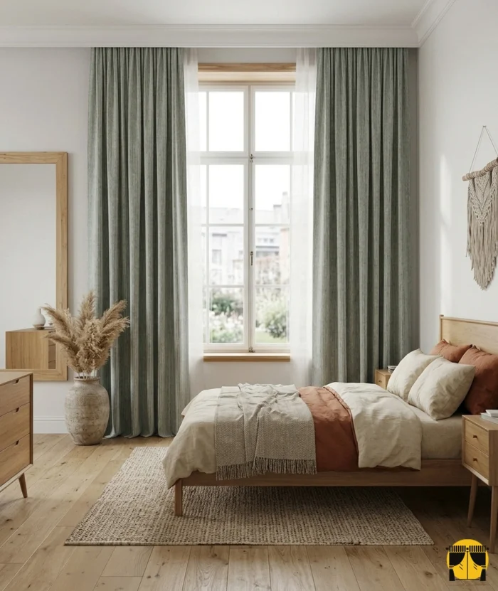 "Lante kum beji jakar fon perdenin yeşil çizgi desenleri ile yatak odasında yarattığı modern, ferah ve doğal atmosfer."