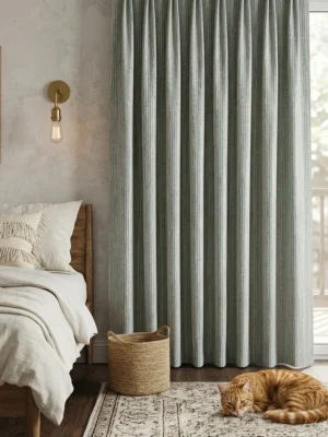 "Özel jakar dokuma teknolojisiyle üretilmiş kum beji zemin üzerine yeşil dikey çizgili fon perde kumaşının dokusunu sergileyen yakın plan."