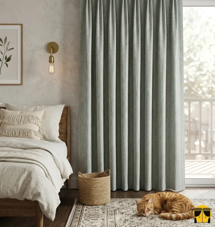 "Özel jakar dokuma teknolojisiyle üretilmiş kum beji zemin üzerine yeşil dikey çizgili fon perde kumaşının dokusunu sergileyen yakın plan."