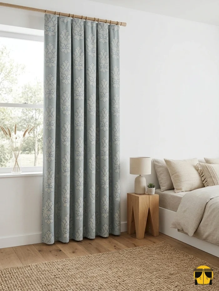 "Açık mavi ve yeşil tonlarındaki damask desenli fon perdenin yatak odasında yarattığı lüks, ferah ve klasik atmosfer."