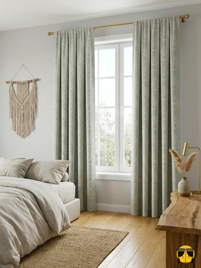 "Özel dokuma teknolojisiyle üretilmiş açık mavi yeşil fon perde üzerindeki büyük damask motiflerini ve dökümlü yapısını sergileyen yakın plan."