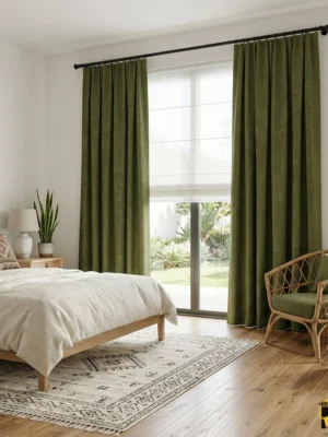 "Cilno koyu yeşil fon perdenin mikro dokusu ve orman tonlarının yatak odasında yarattığı derin, huzurlu ve sofistike atmosfer."