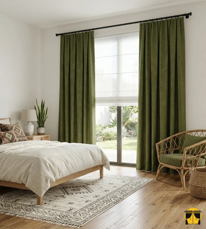 "Cilno koyu yeşil fon perdenin mikro dokusu ve orman tonlarının yatak odasında yarattığı derin, huzurlu ve sofistike atmosfer."