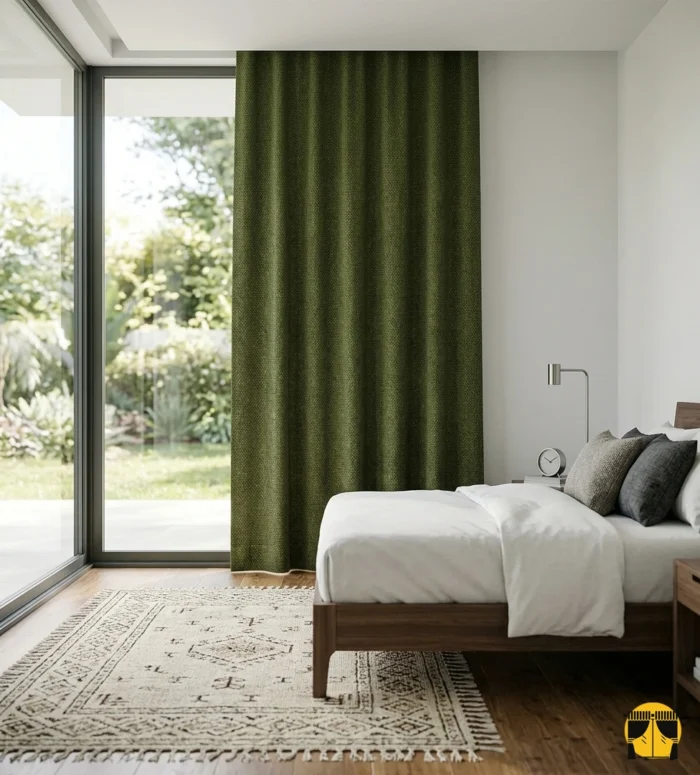 "Özel dokuma teknolojisiyle üretilmiş koyu yeşil fon perde kumaşının ışığı emen mat yüzeyini ve kaliteli lif yapısını sergileyen yakın plan."