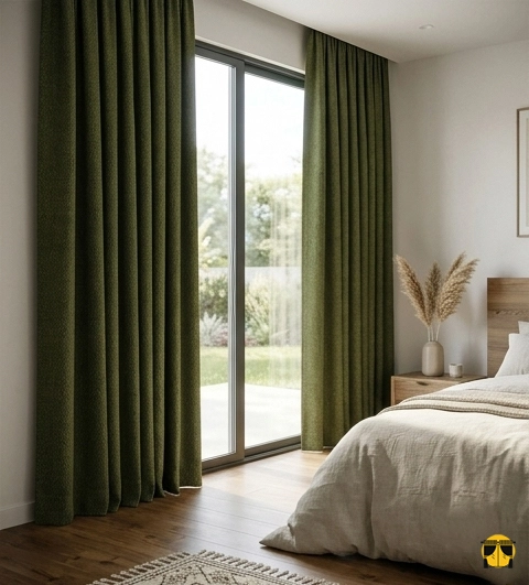 "Ahşap mobilyalar ve gold detaylarla dekore edilmiş modern bir yatak odasında, pencerelere asalet katan Cilno koyu yeşil fon perde tasarımı."