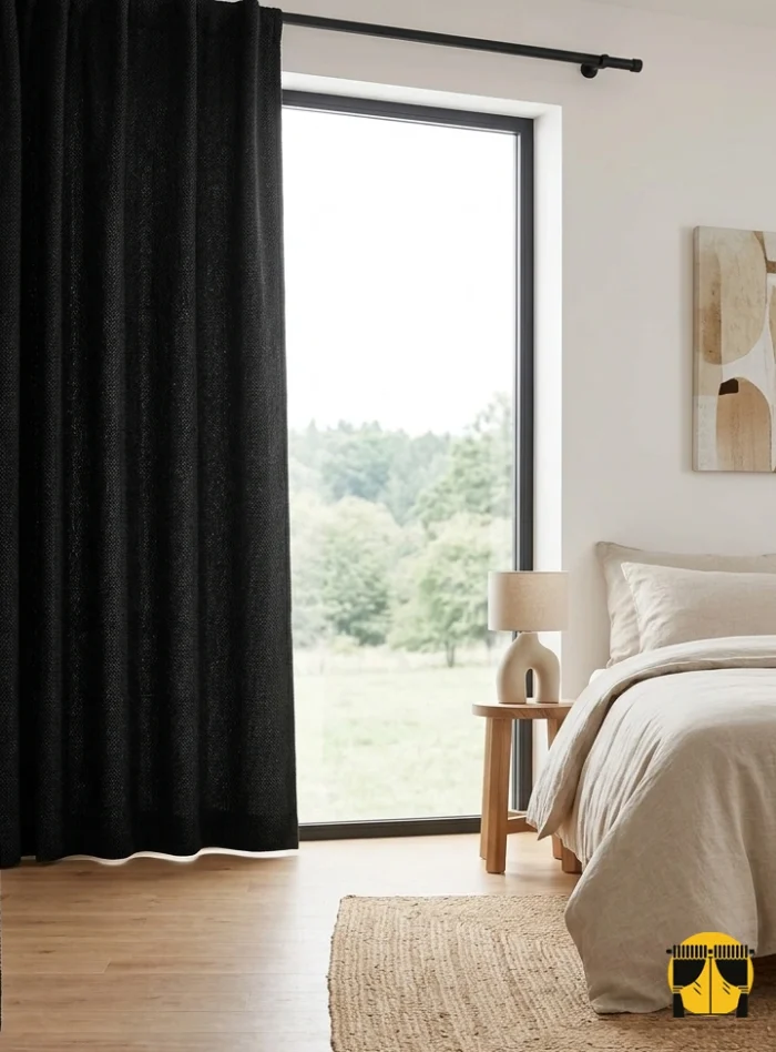 "Ağır dökümü sayesinde rüzgarda formunu bozmayan, ütü zahmetini ortadan kaldıran profesyonel dikim gözenekli siyah fon perde detayı."