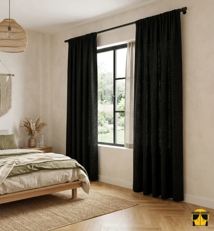 "Brüt beton duvarlar önünde çarpıcı bir kontrast oluşturan, yüksek gramajlı ve dökümlü kaliteli siyah hasır fon perde."