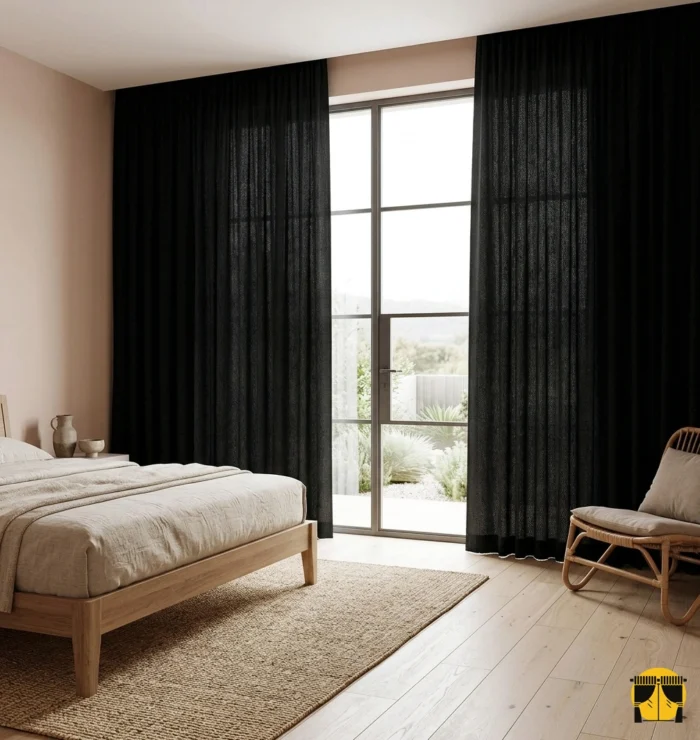 "Mat yüzeyi sayesinde ışığı yansıtmayan, dikey dökümüyle pencerelerde lüks bir duruş sergileyen kaliteli siyah keten perde görseli."