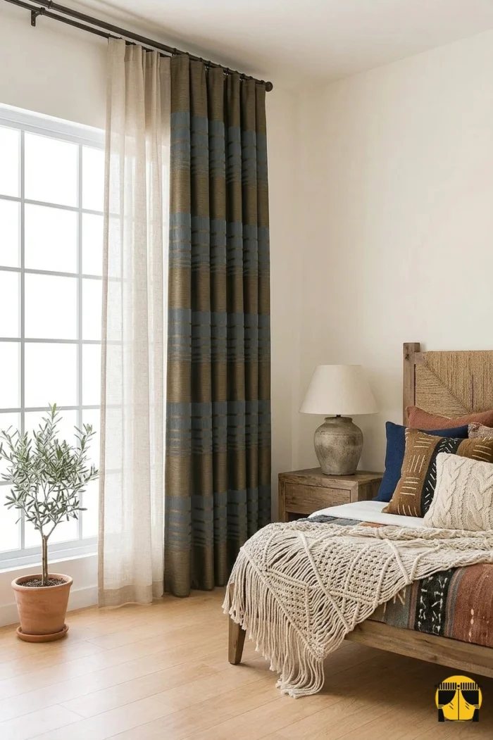 "Kırışmaya dayanıklı yapısı ve modern çizgili tasarımıyla yatak odaları için ideal, ütü gerektirmeyen premium şeritli fon perde detayı."