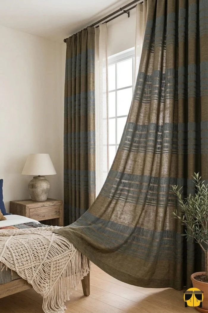 "Kahverengi zemin üzerine mavi şeritli fon perdenin yarattığı modern kontrastın yatak odasına kattığı sofistike ve huzurlu atmosfer."