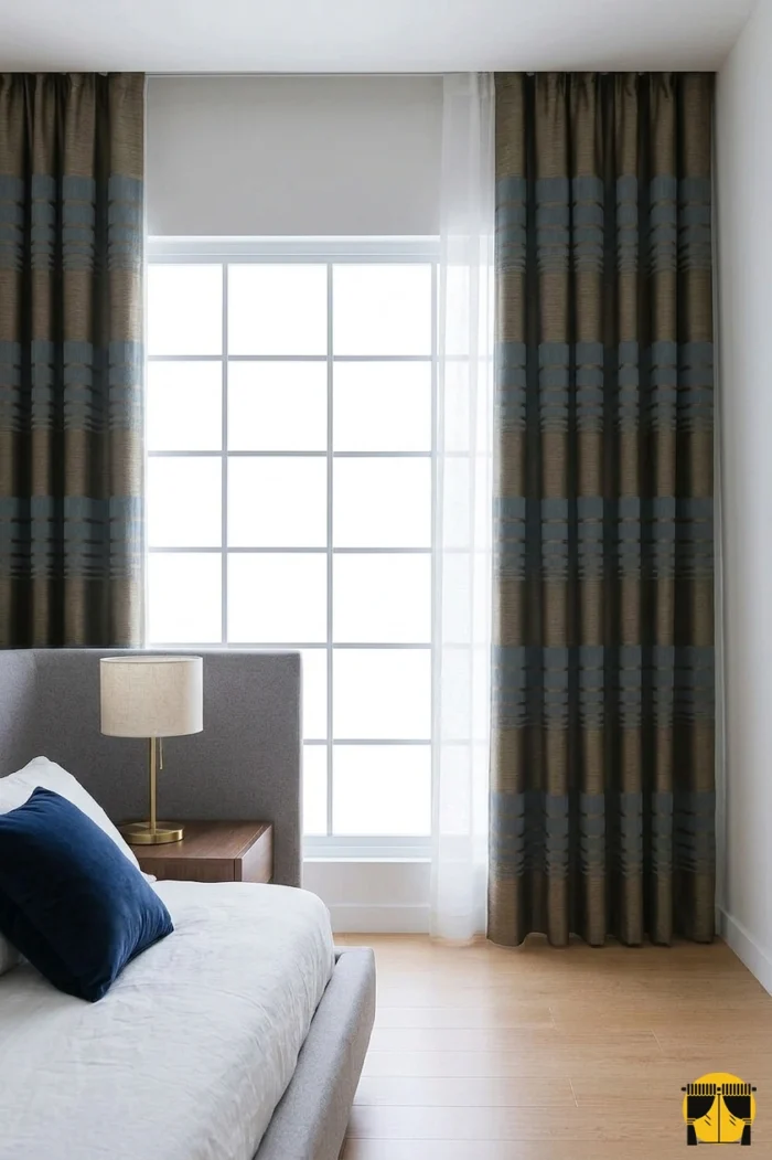 "Özel dokuma teknolojisiyle üretilmiş kahverengi üzeri mavi dikey çizgili fon perde kumaşının net renk geçişlerini sergileyen yakın plan."