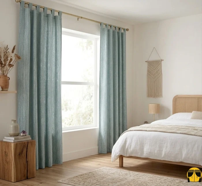 "Geniş balkon pencerelerinde tavandan yere kadar uzanan, odayı daha huzurlu gösteren sık pileli jakarlı mavi fon perde tasarımı."